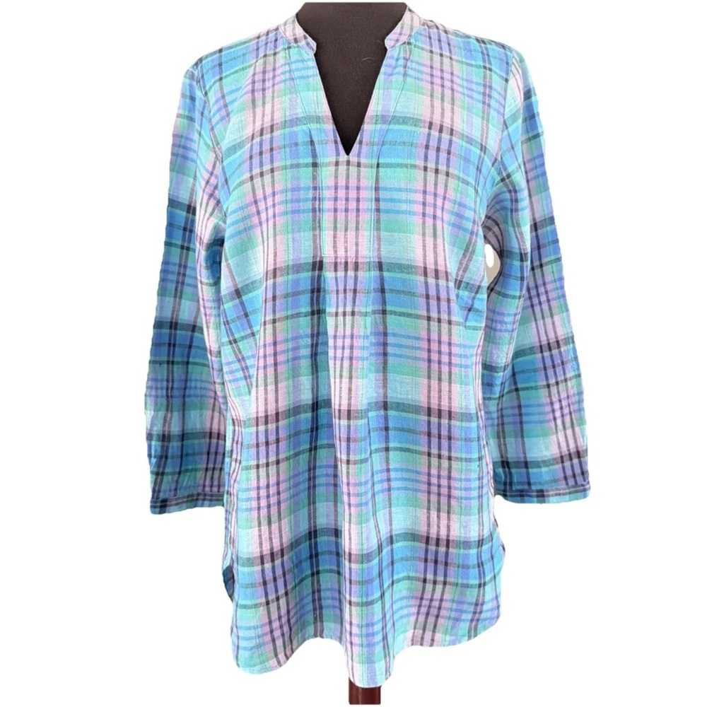 L.L. Bean Premium Washable Linen Tunic Blue Plaid Split Neck Size Small
